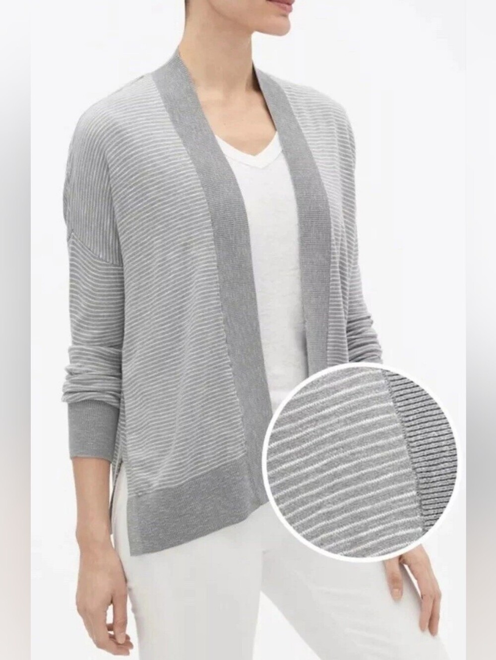 Gap Small Womens Gray White Stripe Relaxed Shoulder Open Front Cardigan Sweater